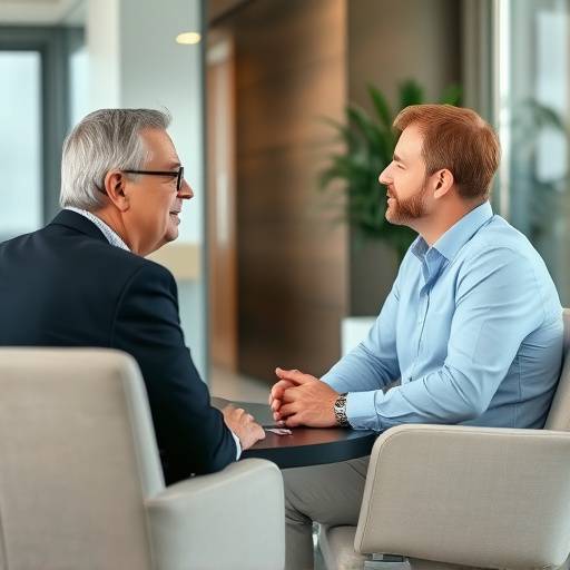 Un coach hablando con un cliente en un entorno de oficina moderno