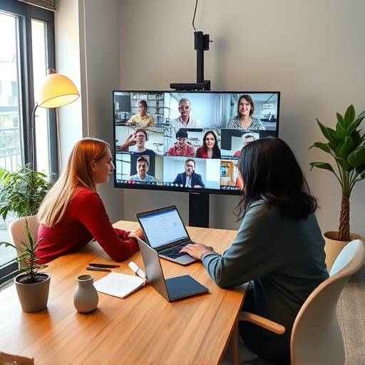 Un equipo de trabajo colaborando en una reuni&radic;&ge;n virtual, con miembros trabajando desde casa y desde la oficina.
