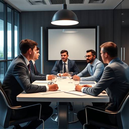 Un grupo de ejecutivos colaborando en una mesa de reuniones, discutiendo estrategias empresariales.