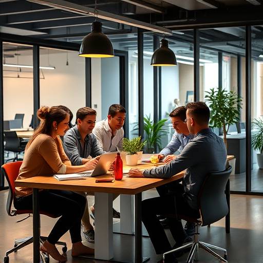 Un grupo de personas colaborando en una mesa de trabajo, enfatizando la importancia del trabajo en equipo