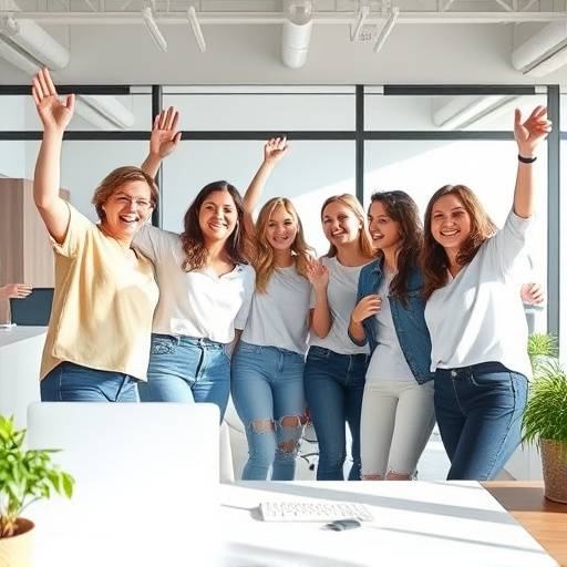 Un grupo de personas trabajando en equipo, celebrando un &radic;&copy;xito en una oficina luminosa