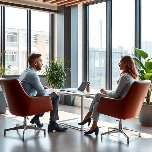 Un profesional de recursos humanos entrevistando a un candidato en una oficina moderna.