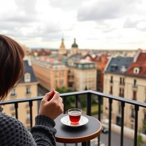 Una persona disfrutando de una taza de t&radic;&copy; en un balc&radic;&ge;n con vistas a la ciudad de Madrid, simbolizando el equilibrio entre trabajo y vida personal