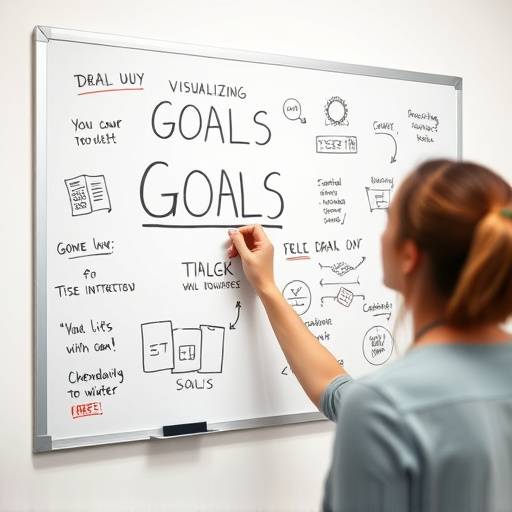 Una persona visualizando metas en una pizarra, enfatizando la importancia de la visualizaci&radic;&ge;n creativa