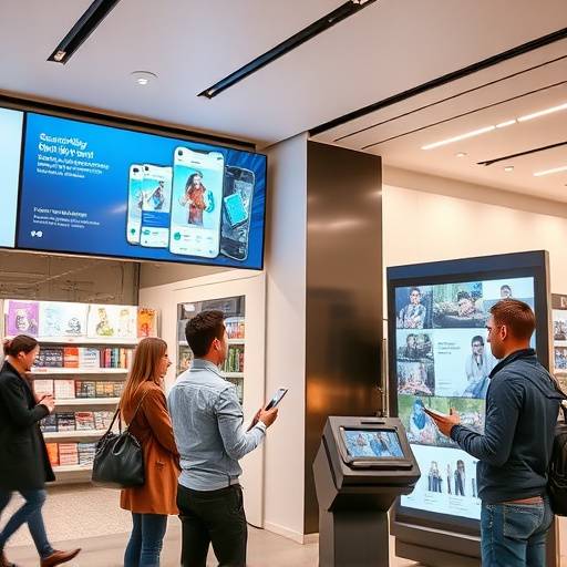 Una tienda moderna con se&radic;&plusmn;alizaci&radic;&ge;n digital y clientes utilizando dispositivos m&radic;&ge;viles.